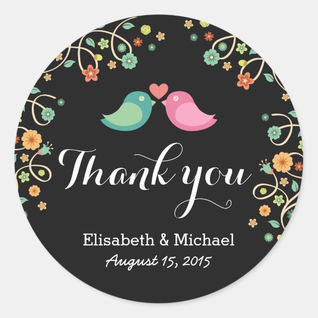 Whimsical Swirl Floral Love Birds Thank You Classic Round Sticker