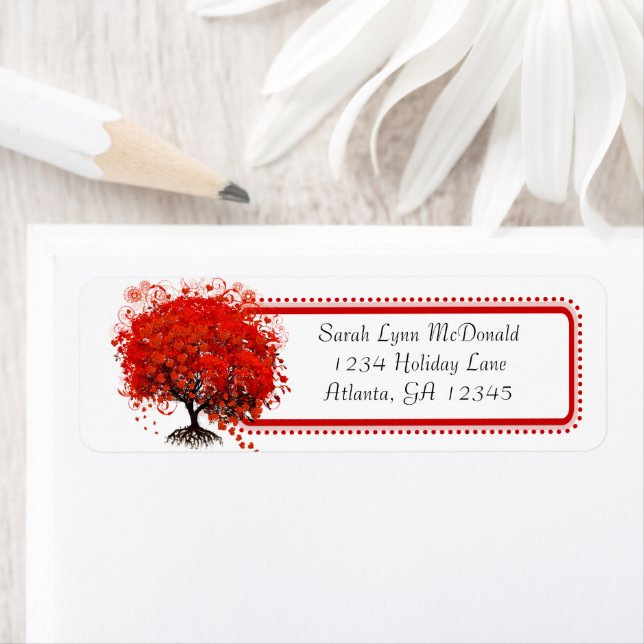 Whimsical Swirl Heart Red Tree Pink Trim on White Label (Insitu)