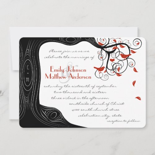 Whimsical Swirl Red Birds in Black Wood Grain Tree Invitation