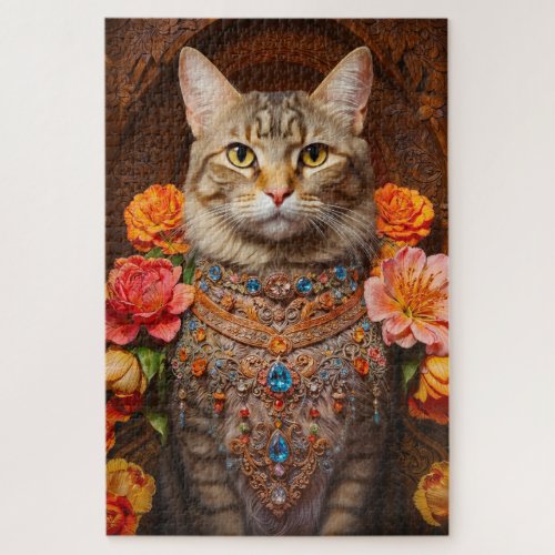 Whimsical Tabby with Beautiful Jewelry and Flowers Jigsaw Puzzle