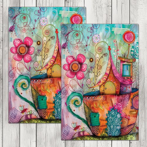 WHIMSICAL TEA CUP HOUSE DECOUPAGE TISSUE PAPER