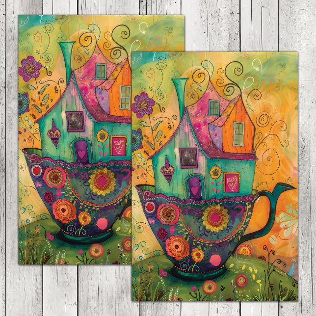 WHIMSICAL TEA CUP HOUSE DECOUPAGE TISSUE PAPER (WHIMSICAL TEA CUP HOUSE DECOUPAGE TISSUE PAPER)