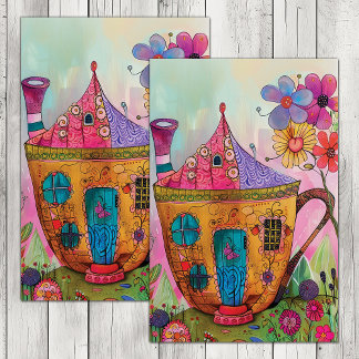 WHIMSICAL TEA CUP HOUSE DECOUPAGE TISSUE PAPER