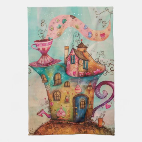 WHIMSICAL TEA CUP HOUSE KITCHEN TOWEL