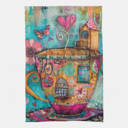 WHIMSICAL TEA CUP HOUSE KITCHEN TOWEL