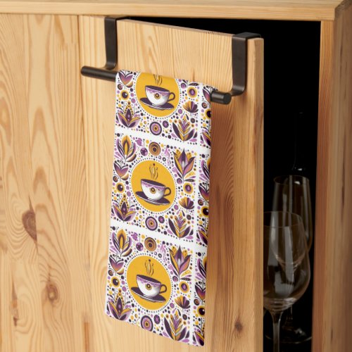 Whimsical Tea Cups Bold Yellow and Purple Kitchen Towel