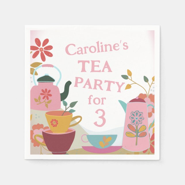 Whimsical Tea For Three Girls Birthday Napkins (Front)