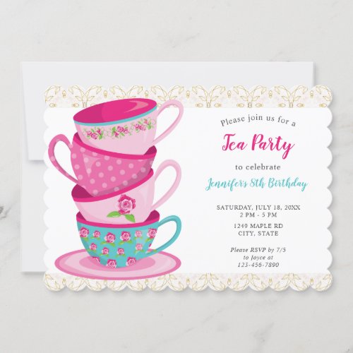 Whimsical Tea Party Birthday Teacups Cute Pink Invitation