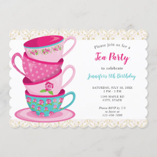 Whimsical Tea Party Birthday Teacups Cute Pink Invitation