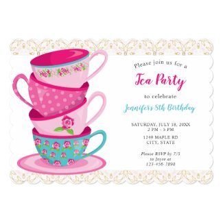 Whimsical Tea Party Birthday Teacups Cute Pink Invitation