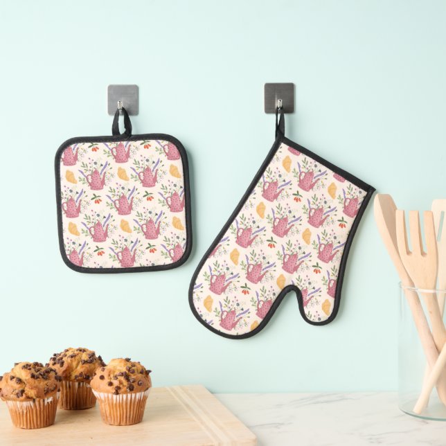 Whimsical Tea Time Doodle Oven Mitt & Pot Holder Set (Insitu(Hanging))