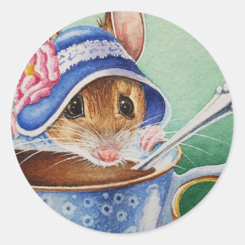 Whimsical Tea Time Mouse Blue Bonnet Watercolor Classic Round Sticker