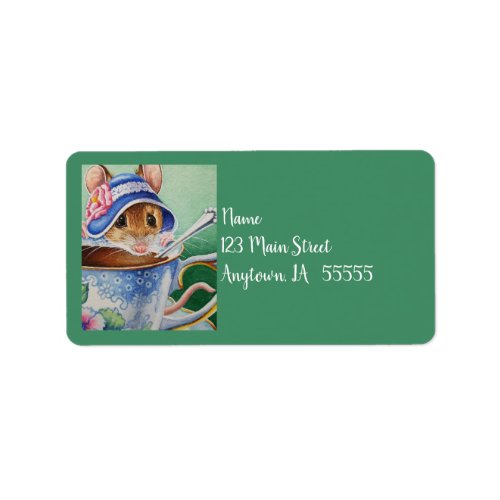 Whimsical Tea Time Mouse Blue Bonnet Watercolor Label