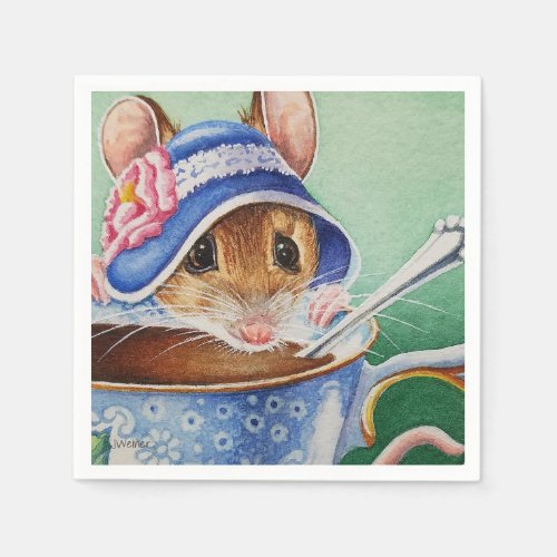 Whimsical Tea Time Mouse Blue Bonnet Watercolor Napkins