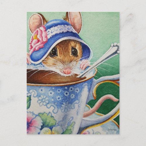 Whimsical Tea Time Mouse Blue Bonnet Watercolor Postcard