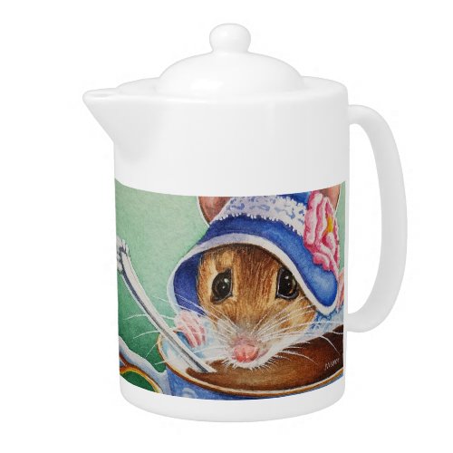 Whimsical Tea Time Mouse Blue Bonnet Watercolor Teapot