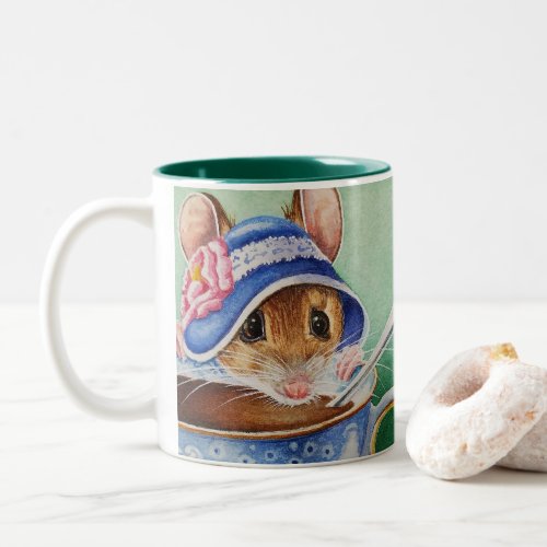 Whimsical Tea Time Mouse Blue Bonnet Watercolor Two_Tone Coffee Mug
