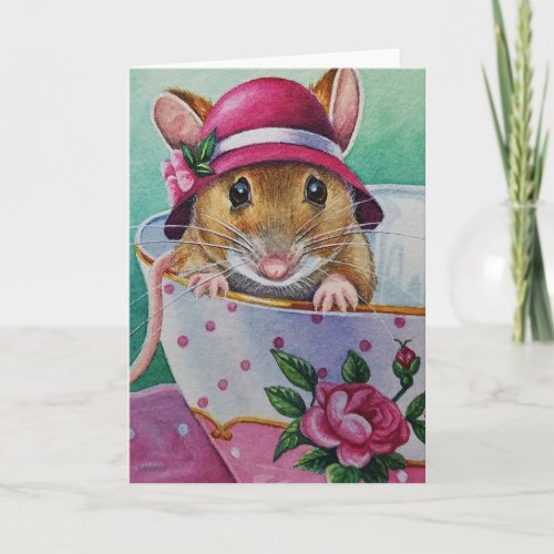 Whimsical Tea Time Mouse Pink Bonnet Watercolor Card