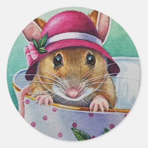 Whimsical Tea Time Mouse Pink Bonnet Watercolor Classic Round Sticker