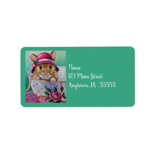 Whimsical Tea Time Mouse Pink Bonnet Watercolor  Label