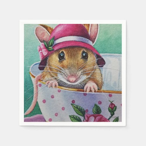 Whimsical Tea Time Mouse Pink Bonnet Watercolor Napkins