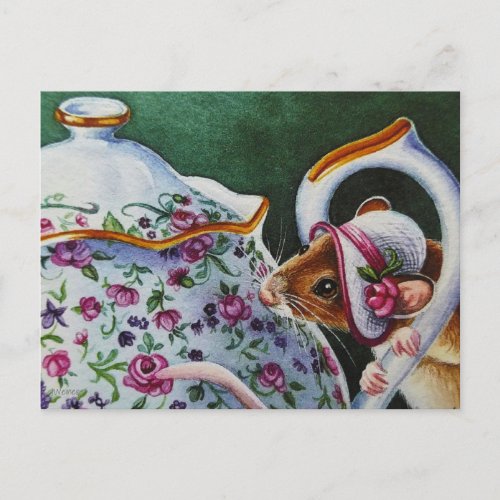 Whimsical Tea Time Mouse White Bonnet Watercolor  Postcard