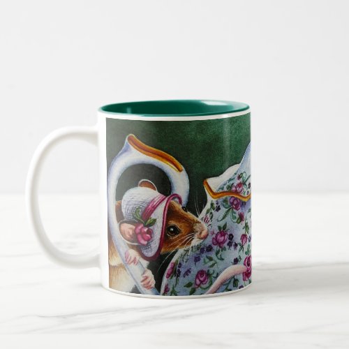 Whimsical Tea Time Mouse White Bonnet Watercolor  Two_Tone Coffee Mug