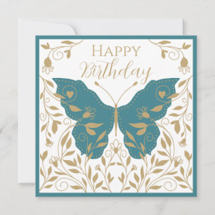 Whimsical Teal and Gold Butterfly   Note Card