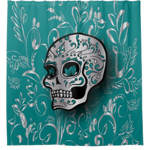 Whimsical Teal and Printed Silver Sugar Skull Shower Curtain