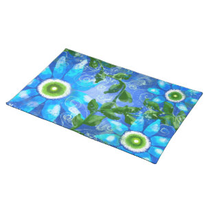 Whimsical Teal Blue Green Floral Flower Flowers Cloth Placemat