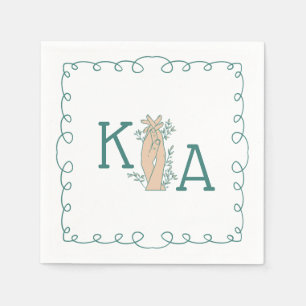 Whimsical Teal Blue Initial Trendy Hand Drawn Napkins