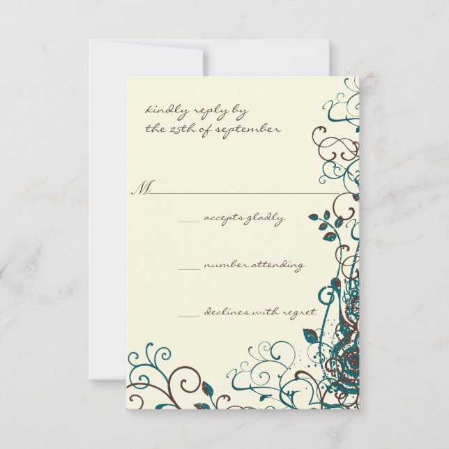 Whimsical Teal & Brown Swirl Wedding RSVP (Front)