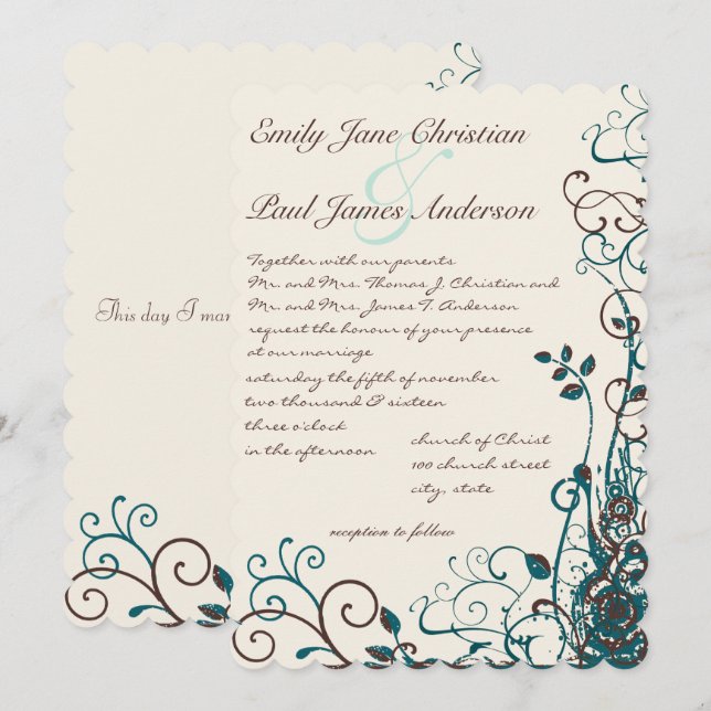 Whimsical Teal & Brown Swirls Wedding Invitation (Front/Back)