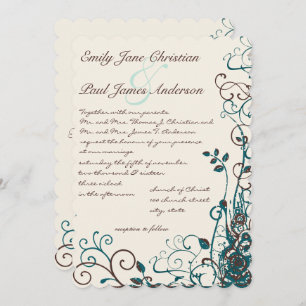 Whimsical Teal & Brown Swirls Wedding Invitation