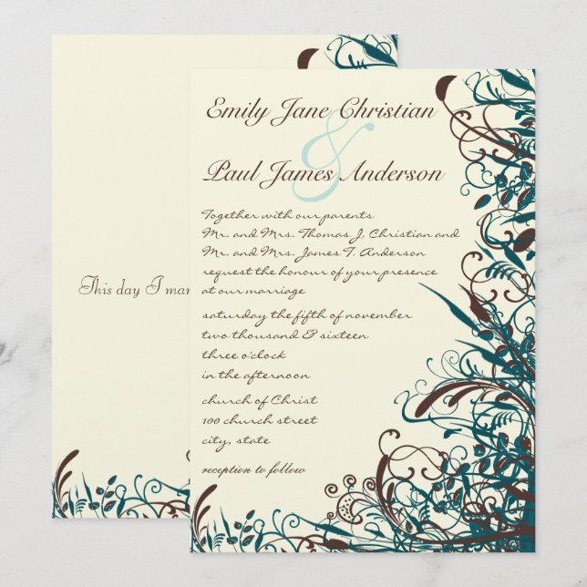 Whimsical Teal & Brown Swirls Wedding Invitation (Front/Back)