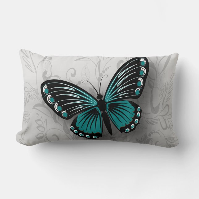 Whimsical Teal Butterfly on Gray Floral Lumbar Pillow (Front)