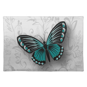 Whimsical Teal Butterfly on Gray Floral Placemat