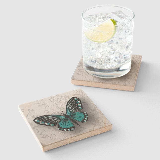 Whimsical Teal Butterfly on Gray Floral Stone Coaster (Side)