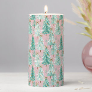 Whimsical Teal Christmas Trees on Pink  Pillar Candle