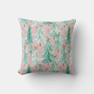 Whimsical Teal Christmas Trees on Pink Throw Pillow