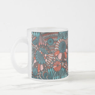 Whimsical Teal Coral Oriental Tapestry Zentangle F Frosted Glass Coffee Mug