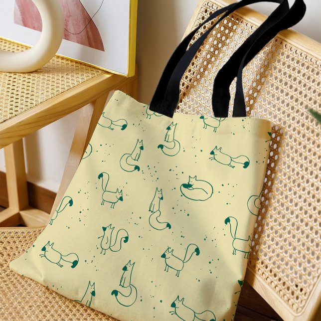 Whimsical Teal Doodle Foxes on Butter Yellow  Tote Bag (Creator Uploaded)