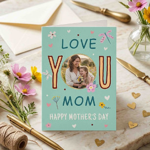 Whimsical Teal Photo Love You Mom Mother's Day Card