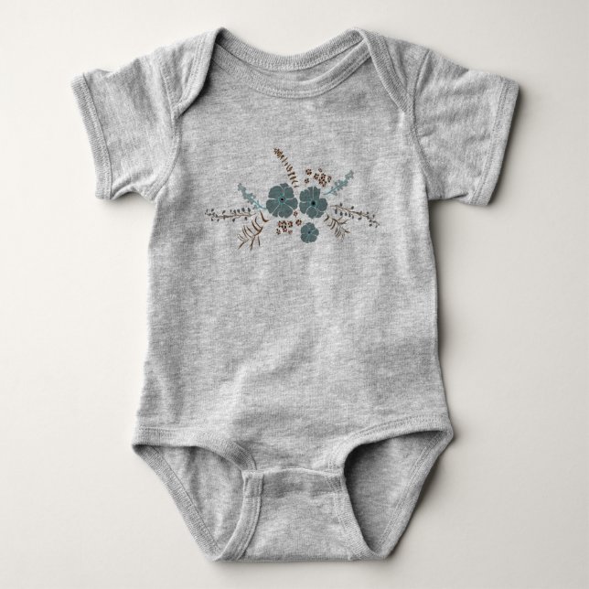 Whimsical Teal Pink Gray Flowers Baby Bodysuit (Front)