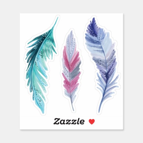 Whimsical Teal Pink  Purple Watercolor Feather Sticker