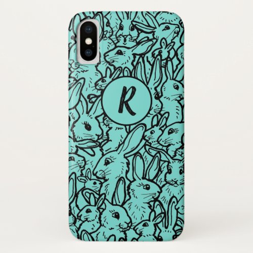 Whimsical Teal Rabbit Bunny Drawing Monogram iPhone X Case