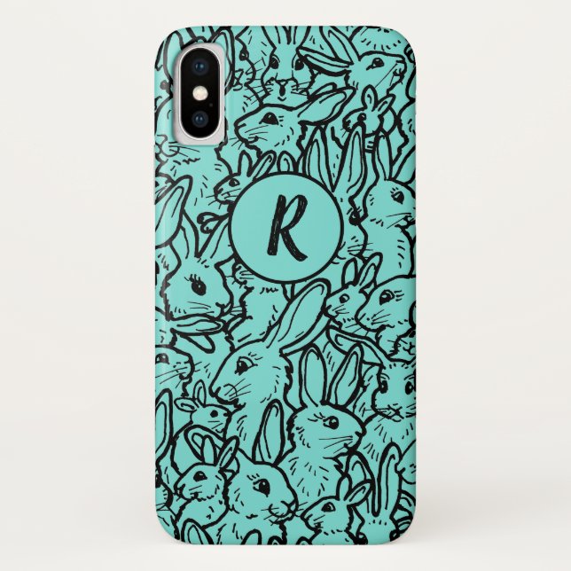 Whimsical Teal Rabbit Bunny Drawing Monogram Case-Mate iPhone Case (Back)