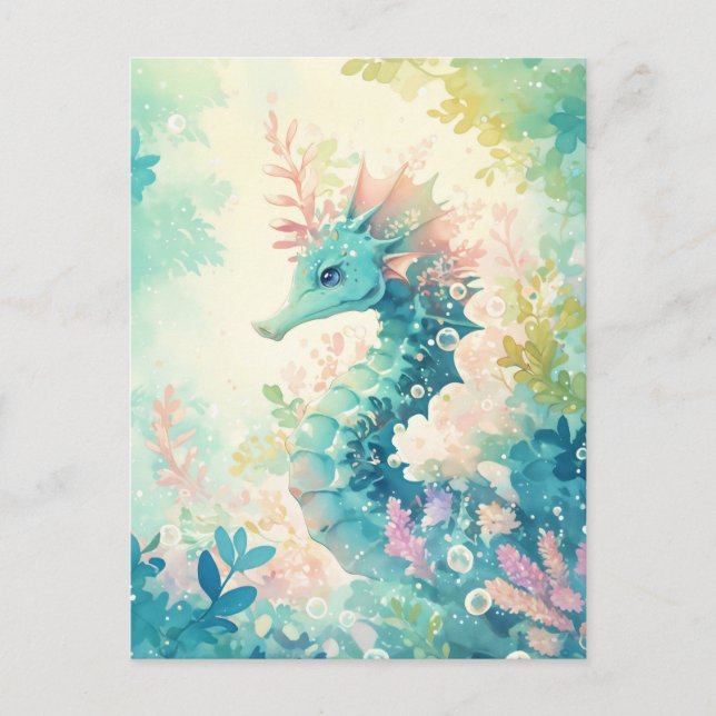 Whimsical Teal Seahorse and Mint Botanical Postcard (Front)