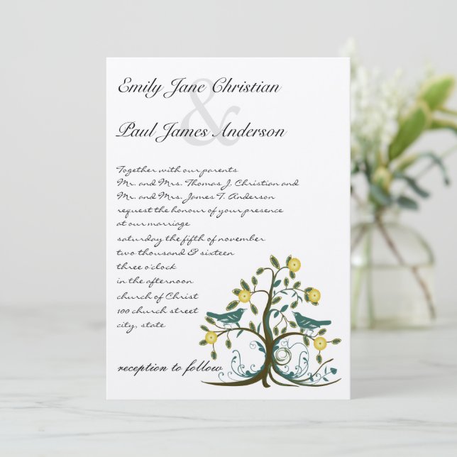 Whimsical Teal & Yellow Bird Tree Wedding Invite (Standing Front)