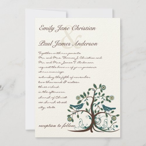 Whimsical Teal Yellow  Brown Tree Wedding Invitation